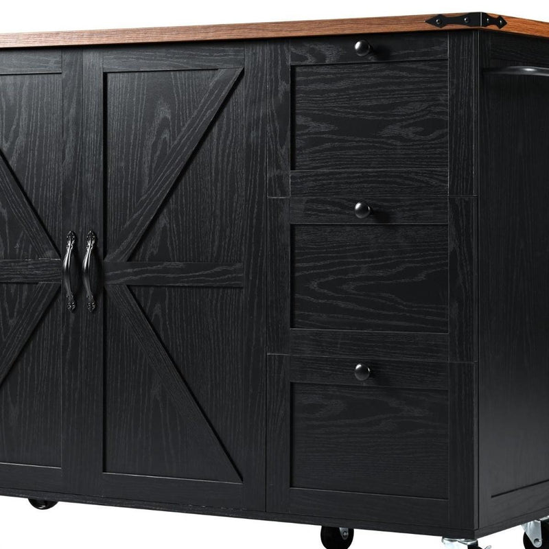 Brown And Wood Flat Door Rolling Kitchen Cart With Storage With USB (755921) - Black