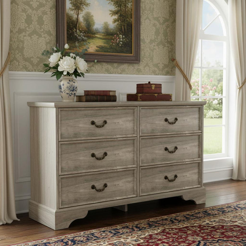 Solid Wood Console Accent Cabinet With Six Drawers - Light Gray