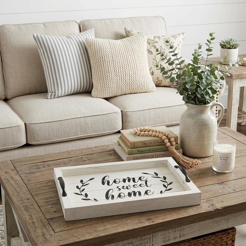 Wood Home Sweet Home Serving Tray With Handles And Led Lights - White And Black