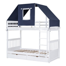 Load image into Gallery viewer, Twin Over Twin Bunk Bed Wood Bed with Tent and Drawers, White+Blue Tent
