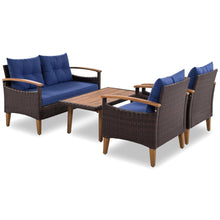 Load image into Gallery viewer, GO 4-Piece Garden Furniture,  Patio Seating Set, PE Rattan Outdoor Sofa Set, Wood Table and Legs, Brown and Blue
