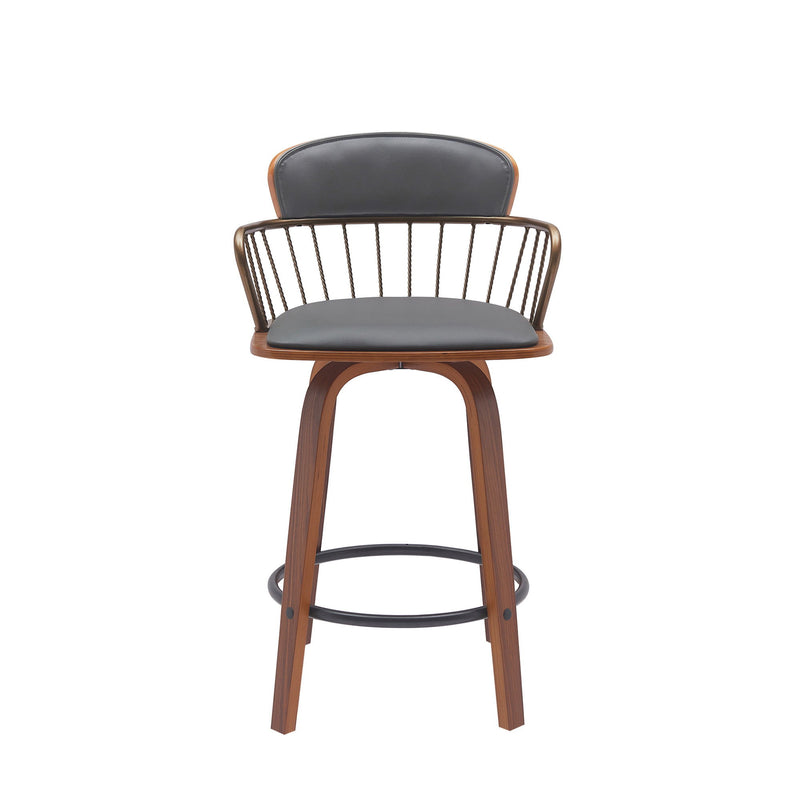 Faux Leather Swivel Low Back Counter Height Bar Chair - Gray And Wood Brown
