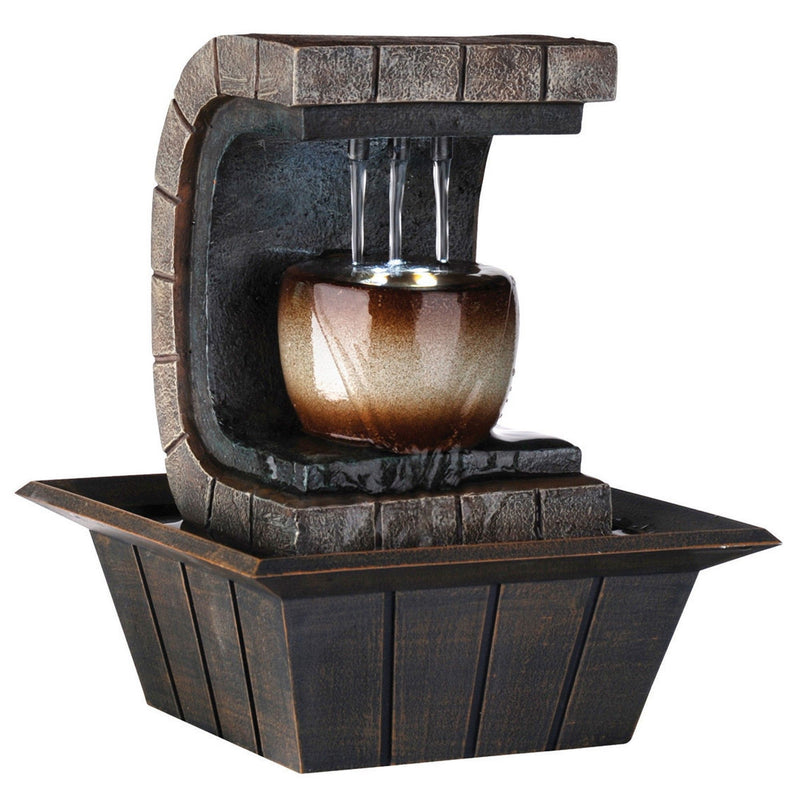 Textured Poly Tabletop Fountain With LED Light - Brown