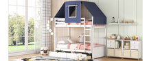 Load image into Gallery viewer, Twin Over Twin Bunk Bed Wood Bed with Tent and Drawers, White+Blue Tent
