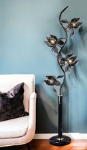 Load image into Gallery viewer, Four Light Floral Floor Lamp With Black And Gold Glass Shades - Black
