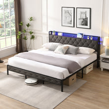 Load image into Gallery viewer, King Bed Frame with Storage Headboard, Charging Station and LED Lights, Upholstered Platform Bed with Heavy Metal Slats, No Box Spring Needed, Noise Free, Easy Assembly, Dark Gray
