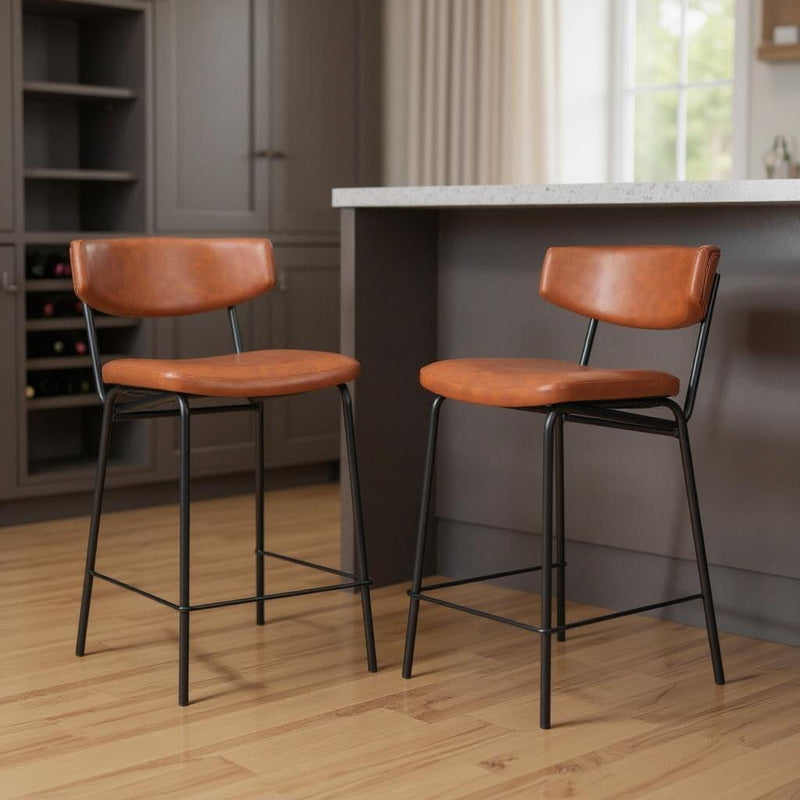 30" Faux Leather And Steel Low Back Bar Height Bar Chairs (Set of 2) - Brown / Black