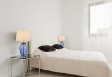 Load image into Gallery viewer, Swirl Glass Table Lamp With White Empire Shade - Blue
