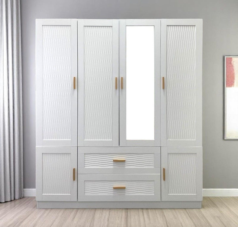 75" Ribbed Texturere Wood Mirro Six Door Two Drawer Combo Dresser - White