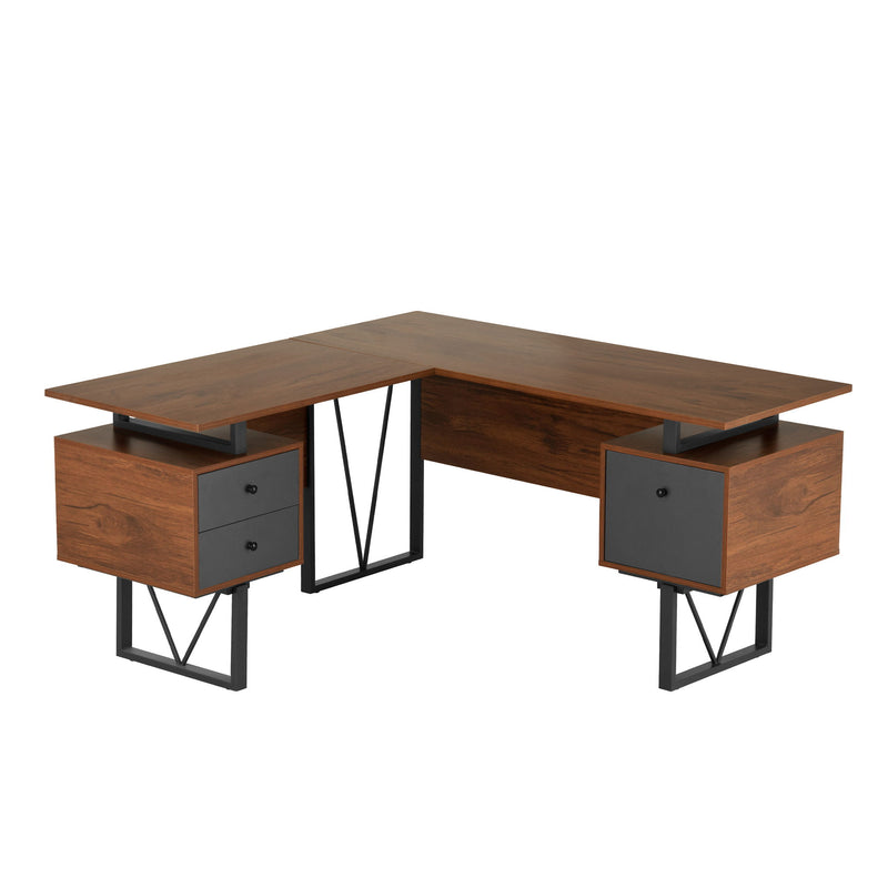 L Shape Pedestal Computer Desk With Three Drawers - Walnut / Gray
