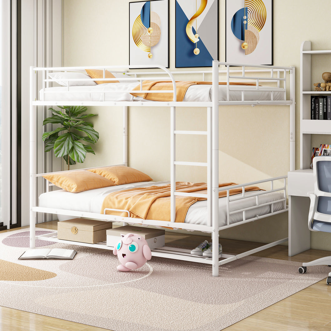 Full Over Full Metal Bunk Bed with Shelf and Guardrails, White