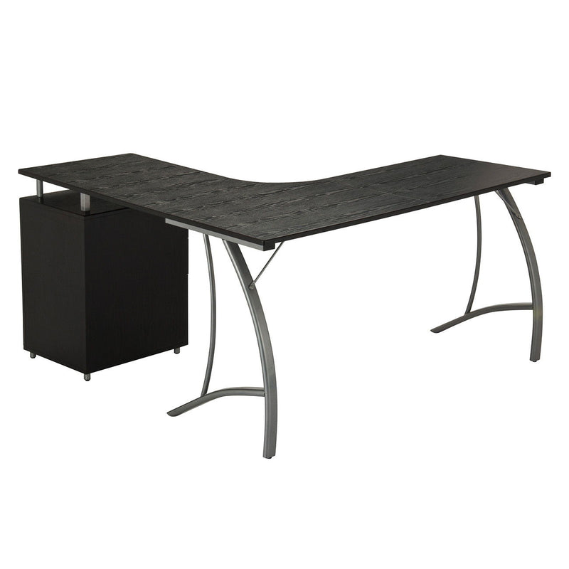 Stainless L Shape Trestle Computer Desk With Two Drawers - Espresso / Silver