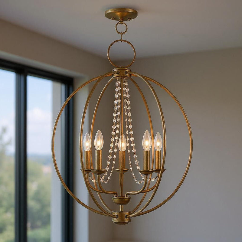 28" Five Light Dimmable Chandelier With Shades - Antiqued Gold