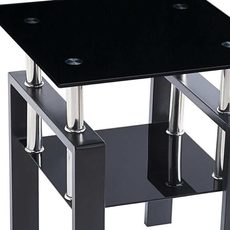 Glass Metal Square End Tables With Shelf - Black
