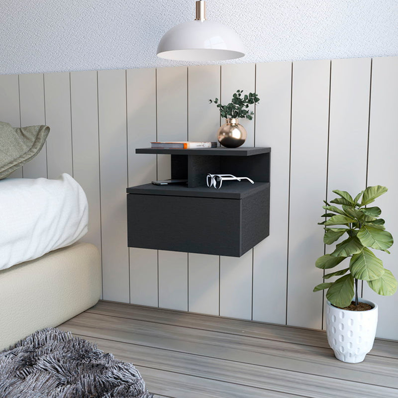 14" x 13.2" x 11.6" One Drawer Faux Wood Floating Nightstand - Black