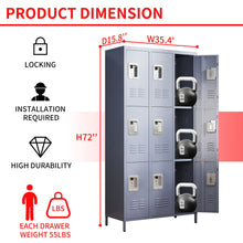 Load image into Gallery viewer, 9 Door Lockers With Lock For Storage In Office, School, Gym, And Bedroom - Gray
