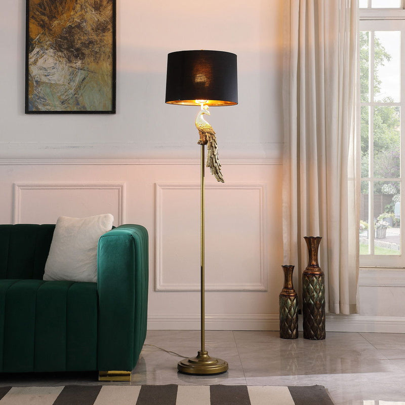 Floor Lamp With Black Drum Shade - Burnished Gold