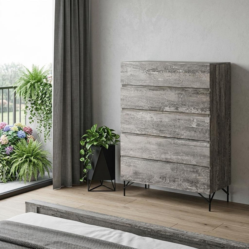Wood Five Drawer Dresser - Black And Gray