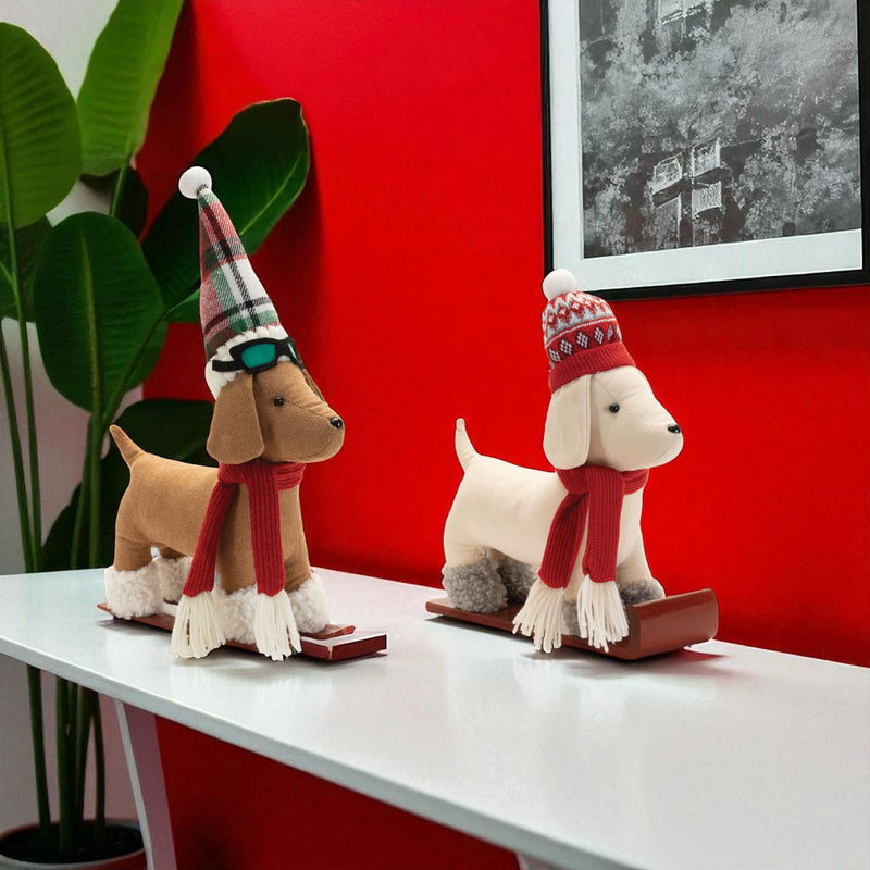 Fabric Dog Figurine (Set of 2) - Red / White / Green