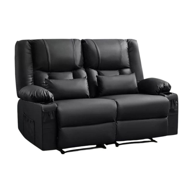 Faux Leather Manual Reclining Loveseat With Storage Toss Pillows - Black