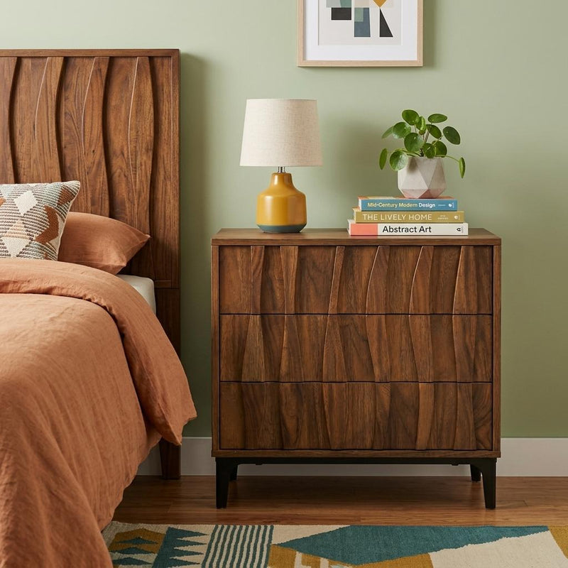 Wood Ribbed Texture Three Drawer Nightstand - Walnut