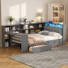 Load image into Gallery viewer, Platform Bed With Upholstered Headboard, Storage Shelves, Drawers, Charging Station, LED Lighting, Built In Desk
