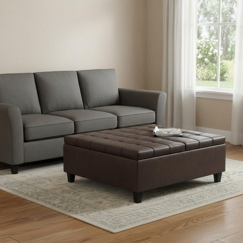 40" Transitional Leather Cocktail Ottoman With Storage - Brown