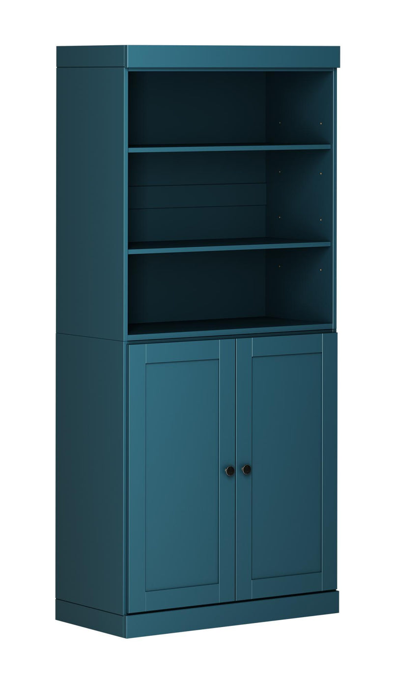 Adjustable Six Tier Library Bookcase With Two Doors - Teal Blue