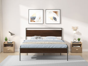 Ceres Metal Bed, Black with Walnut Wood Headboard&Footboard, Queen