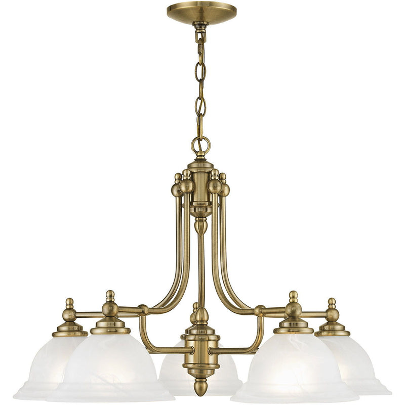Five Light Metal Dimmable Chandelier With Shades - Antiqued Brass / White