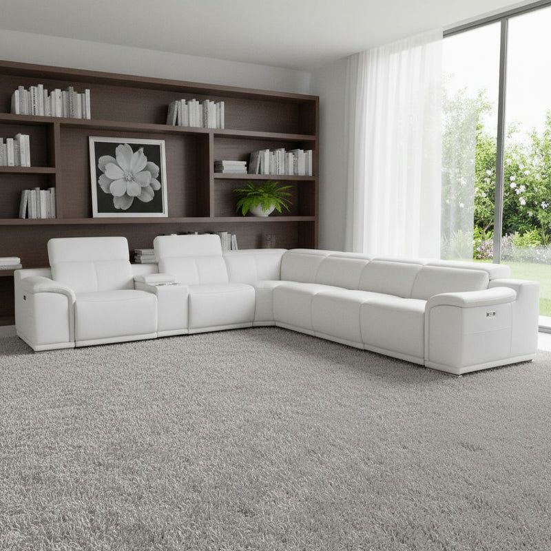 Italian Leather Power Reclining Seven Piece Corner Sectional With Console - White