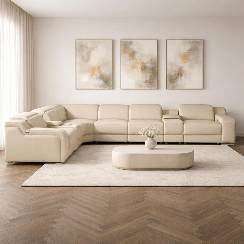Italian Leather Power Reclining Curved Eight Piece Corner Sectional With Console - Beige