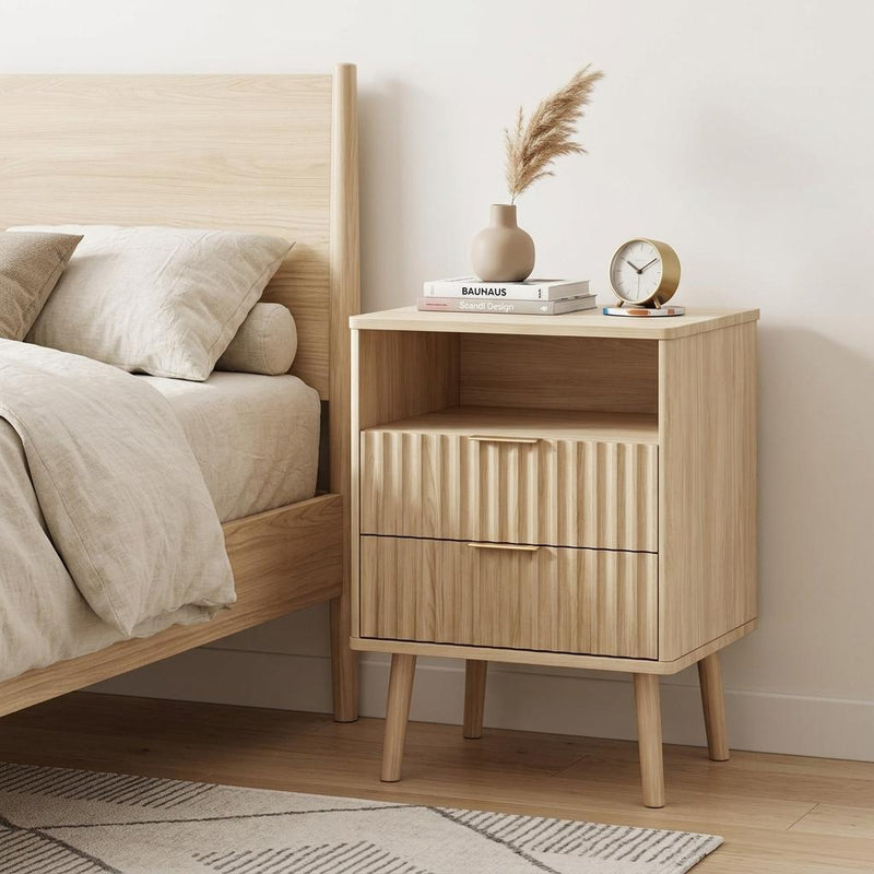 Wood Ribbed Texture Two Drawer Nightstand - Natural