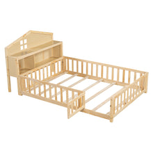 Load image into Gallery viewer, Full Size Montessori Floor Bed With Bookcases And boards, Solid Wood Platform Bed With Guard Rails And Storage Headboards - Natural

