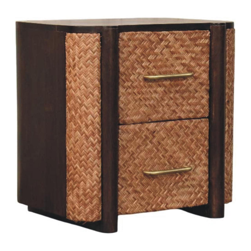 Solid Wood Cane Rattan Two Drawer Nightstand - Mocha