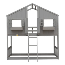 Load image into Gallery viewer, Twin over Twin House Bunk Bed with Roof , Window, Window  Box, Door , with Safety Guardrails and Ladder, Grey
