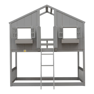 Twin over Twin House Bunk Bed with Roof , Window, Window  Box, Door , with Safety Guardrails and Ladder, Grey