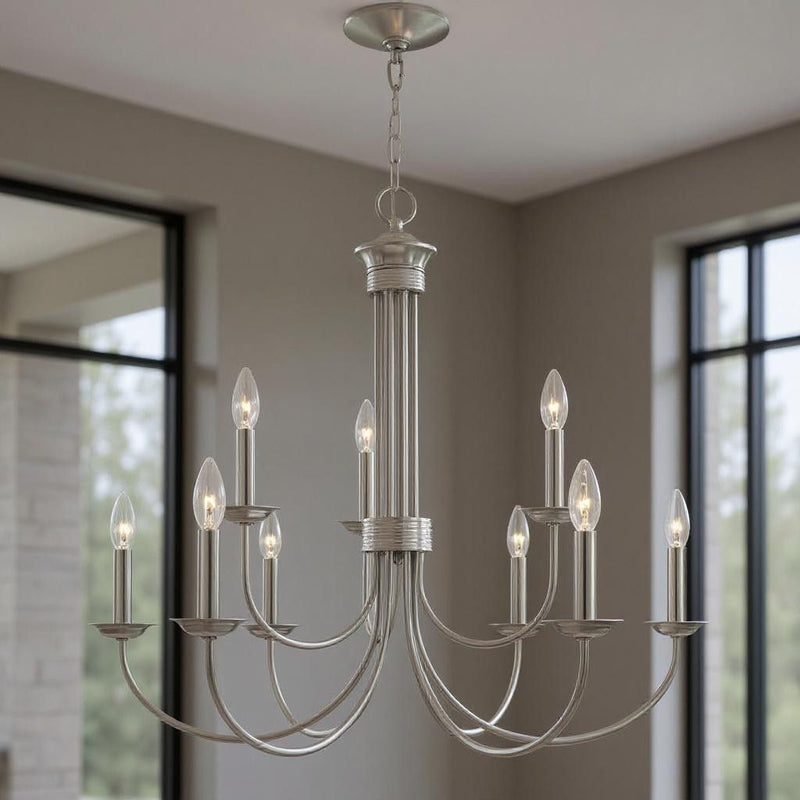 27" Nine Light Dimmable Chandelier With Shades - Nickel
