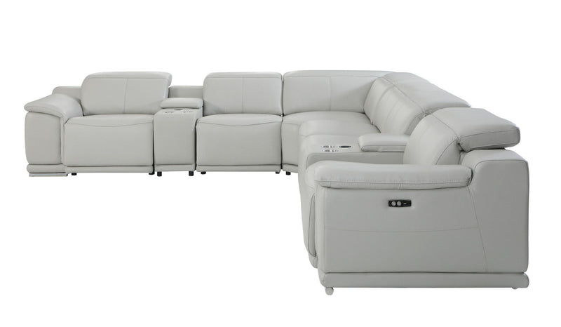Italian Leather Power Reclining Eight Piece Corner Sectional With Console - Light Gray