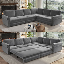 Load image into Gallery viewer, L-Shaped Sofa Couch With Pull Out Bed With Nailhead Trim &amp; Rolled Arm
