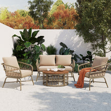 Load image into Gallery viewer, Bohemia-Inspired 4 Person Outdoor Seating Group With Removable Cushions, Conversation Patio Set With Wood Tabletop - Beige
