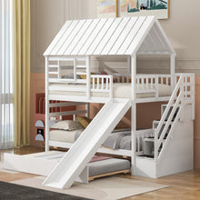 Load image into Gallery viewer, House Bunk Bed With Trundle, Storage Staircase, Roof And Window Design
