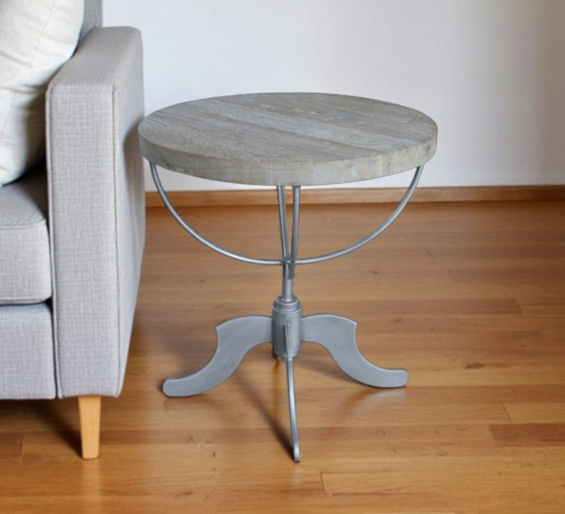 30" Reclaimed Wood And Iron Round Pedestal End Table - Brown
