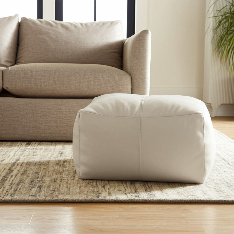 Leather Pouf Ottoman - Ivory