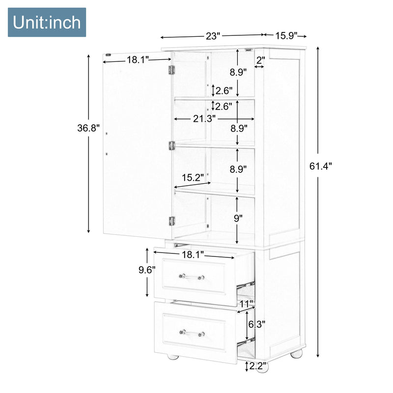 Tall Freestanding Bathroom Storage Cabinet With 2 Drawers And Adjustable Shelf