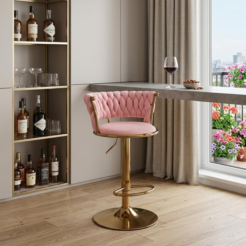 Velvet And Metal Low Back Adjustable Height Swivel Bar Chair - Pink And Gold