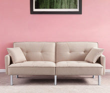 Load image into Gallery viewer, Polyester Blend Convertible Futon Sleeper Sofa And Toss Pillows With Silver Legs - Beige
