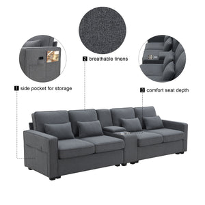 [VIDEO provided] [New] 114.2" Upholstered Sofa with Console, 2 Cupholders and 2 USB Ports Wired or Wirelessly Charged, Modern Linen Fabric Couches with 4 Pillows for Living Room, Apartment (4-Seat)