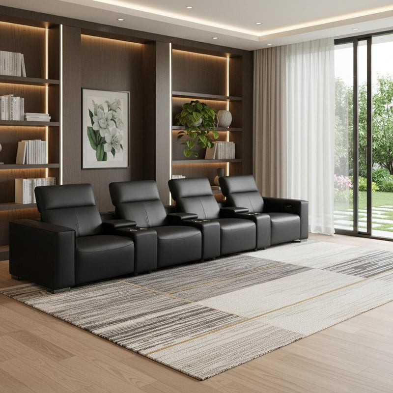 Top Grain Leather Reclining Metal USB Sofa (720319) - Black