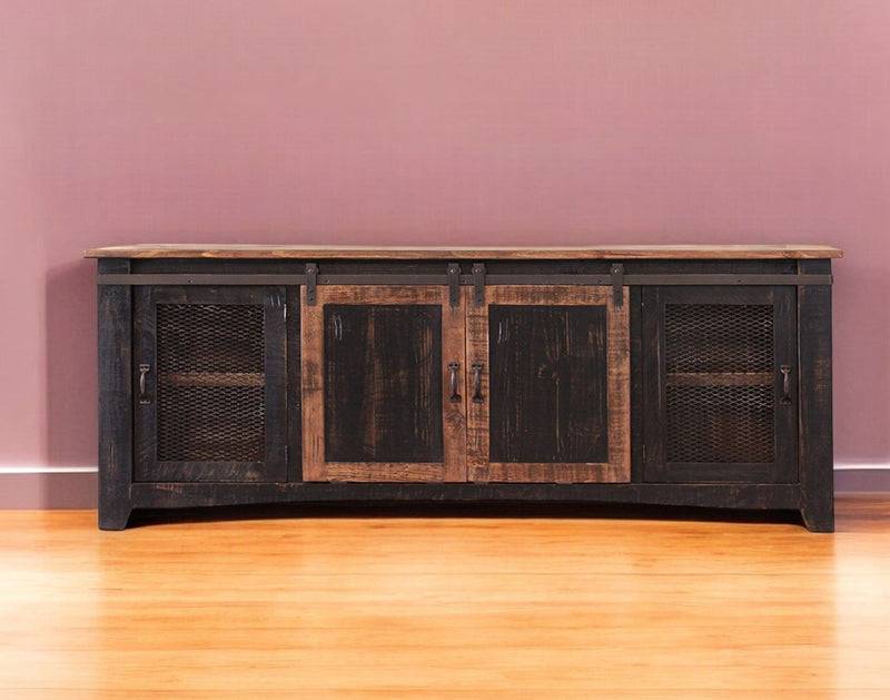 Solid Wood Cabinet Enclosed, Storage Distressed TV Stand - Black